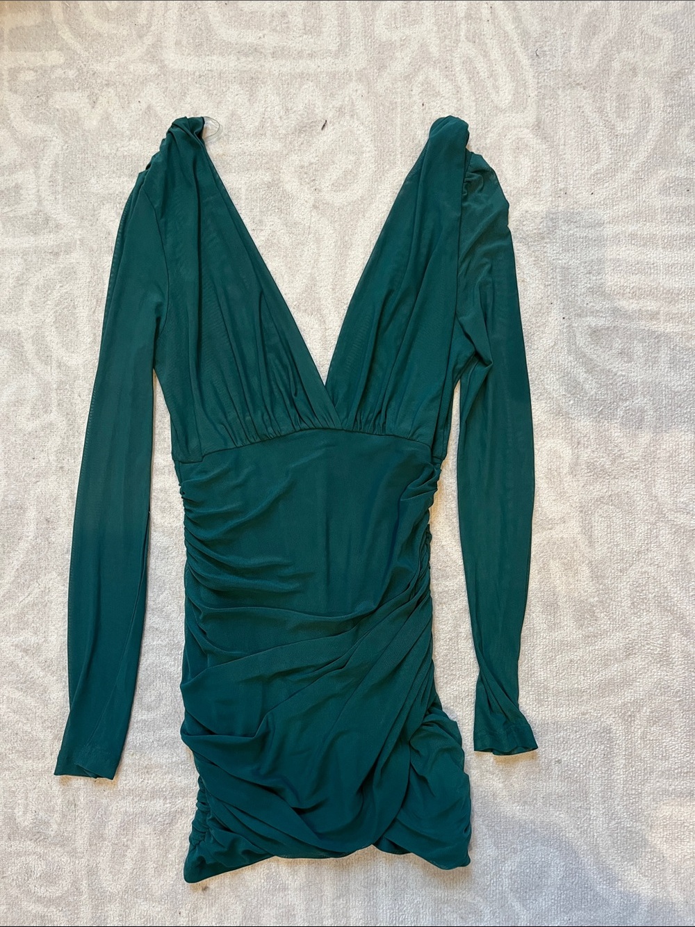 Fashion Nova Deep Teal Long Sleeve Plunging Ruched Mini Dress